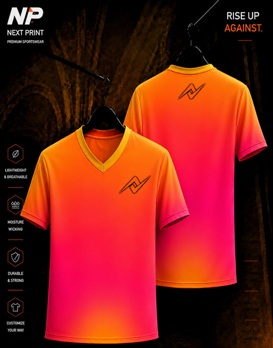 Sunset Glow orange and pink gradient sublimation V-neck sports jersey front and back by Next Print
