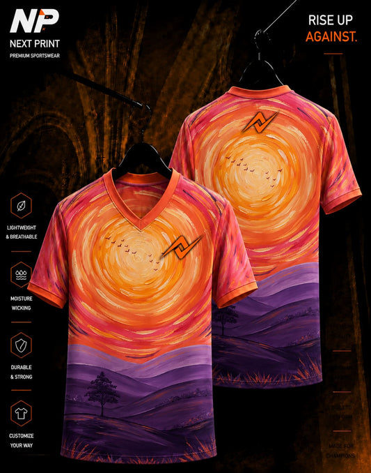 Sunset Horizon artistic orange pink and purple sublimation V-neck sports jersey by Next Print, front and back view