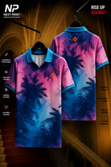 Front and back view of a premium dry-fit polo sports jersey featuring a pink, purple, and blue tropical palm tree gradient design.