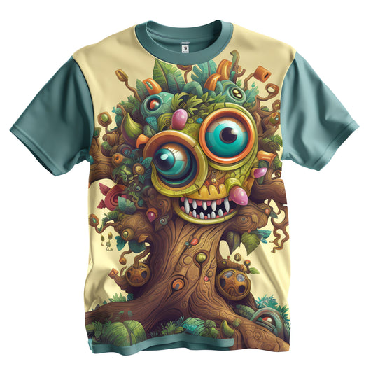 Next Print t - shirt that has a tree with a face and a monster on it
