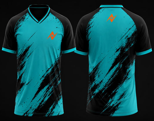 Front and back view of a teal and black brushstroke V-neck cricket jersey with orange logo on the chest and upper back.