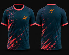 Front and back view of a premium teal round neck cricket jersey featuring vibrant coral paint splash graphics with coral collar, sleeve cuffs, and orange chest and back logos.
