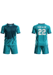 Teal custom sports jersey and shorts set showing front and back view with personalized name and number, ideal for cricket and football team uniforms in India