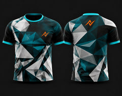 Front and back view of a premium teal, white, black, and grey round neck cricket jersey featuring a modern geometric polygon pattern with orange chest and back logos.