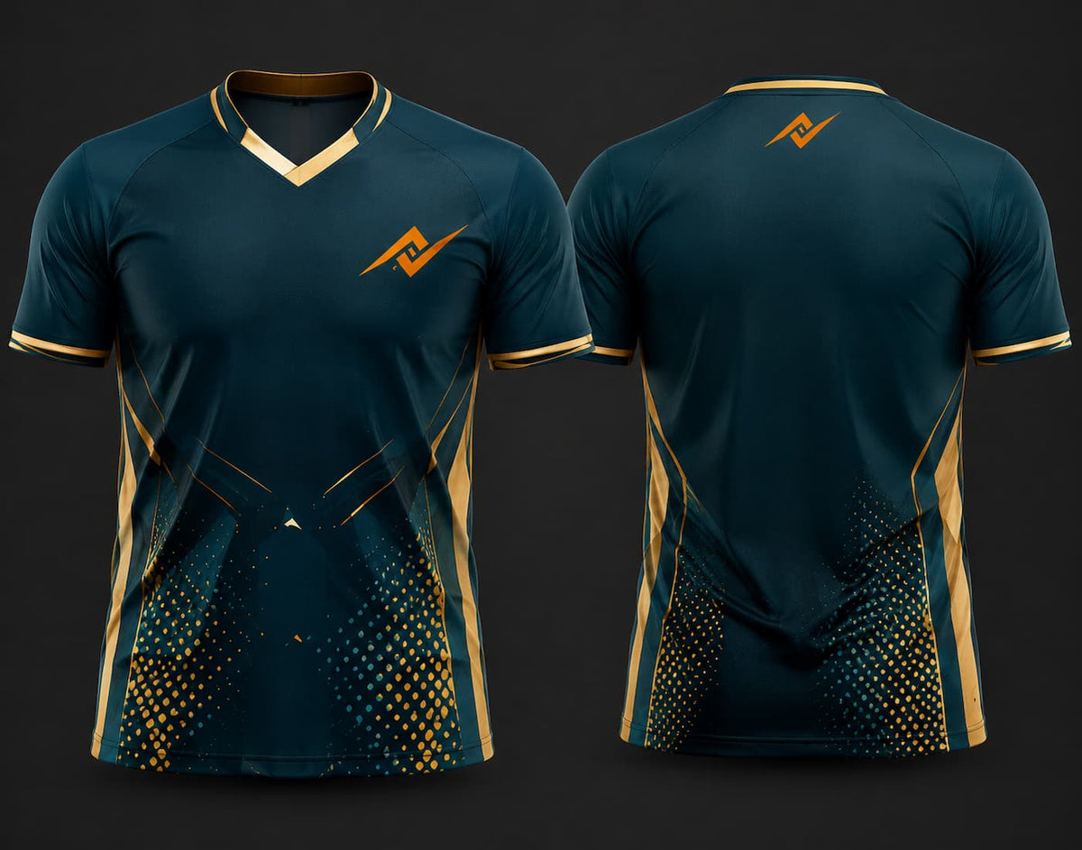Teal and gold custom V-neck cricket jersey with geometric dot graphics, gold accents, logo on the chest and below the back neck, shown in front and back view.