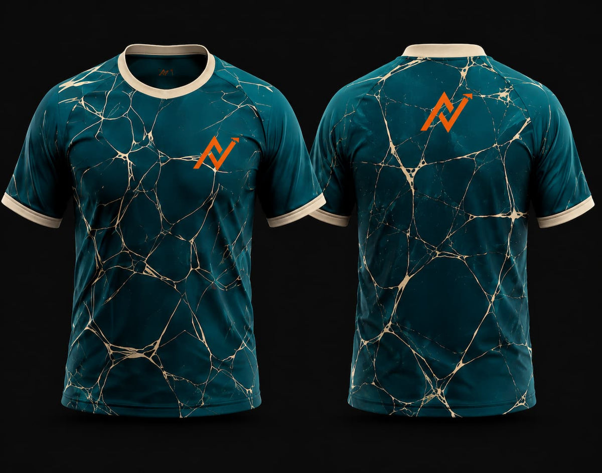 Front and back view of a premium teal round neck cricket jersey featuring a luxury marble stone pattern with gold vein detailing, beige collar and sleeve cuffs, and orange chest and back logos.