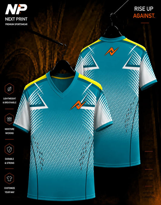 Teal Velocity geometric sublimation V-neck sports jersey with white and yellow design by Next Print