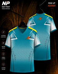 Teal Velocity geometric sublimation V-neck sports jersey with white and yellow design by Next Print