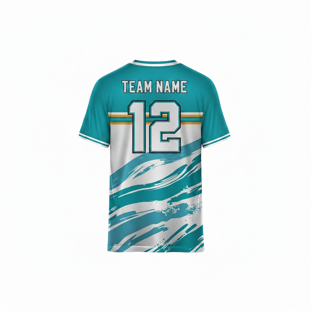 Teal and white custom sports jersey back view with abstract brush stroke pattern and stripe accents for cricket football and team uniforms by NextPrint