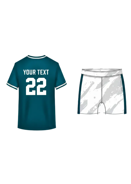 Teal and white custom sports jersey with matching shorts for cricket, football and volleyball team uniform sublimation printing
