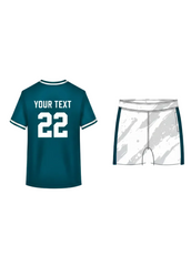 Teal and white custom sports jersey with matching shorts for cricket, football and volleyball team uniform sublimation printing