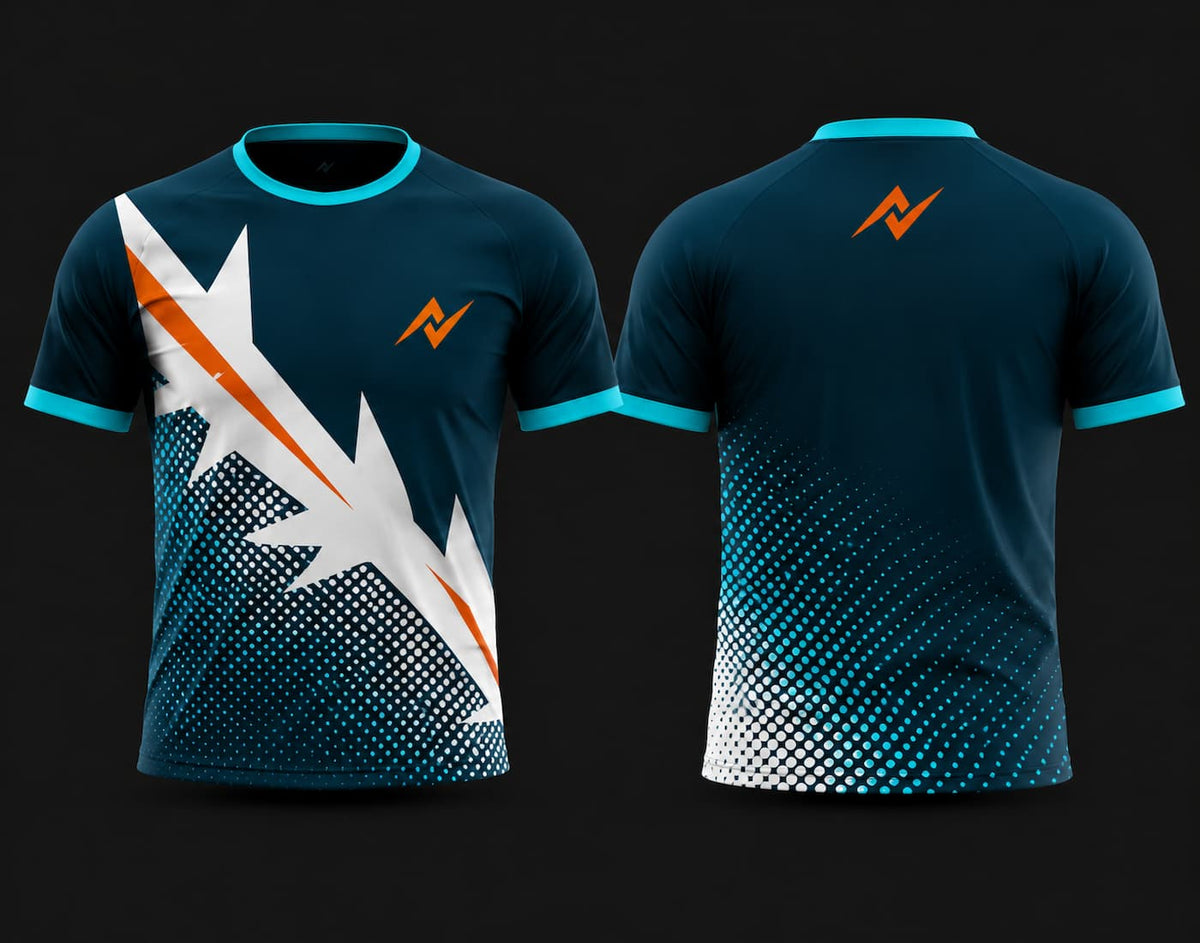 Front and back view of a premium teal and white round neck cricket jersey featuring a bold lightning graphic, halftone gradient pattern, and orange chest and back logos.