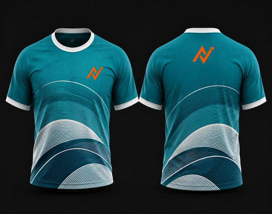 Front and back view of a premium teal and white round neck cricket jersey featuring elegant wave graphics with white collar, white sleeve cuffs, and orange chest and back logos.