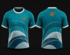 Front and back view of a premium teal and white round neck cricket jersey featuring elegant wave graphics with white collar, white sleeve cuffs, and orange chest and back logos.