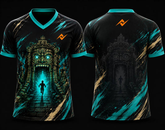 Black, aqua blue, and gold Temple Run esports jersey with V-neck polo collar featuring guardian gateway artwork and orange logo placement on chest and back neck.