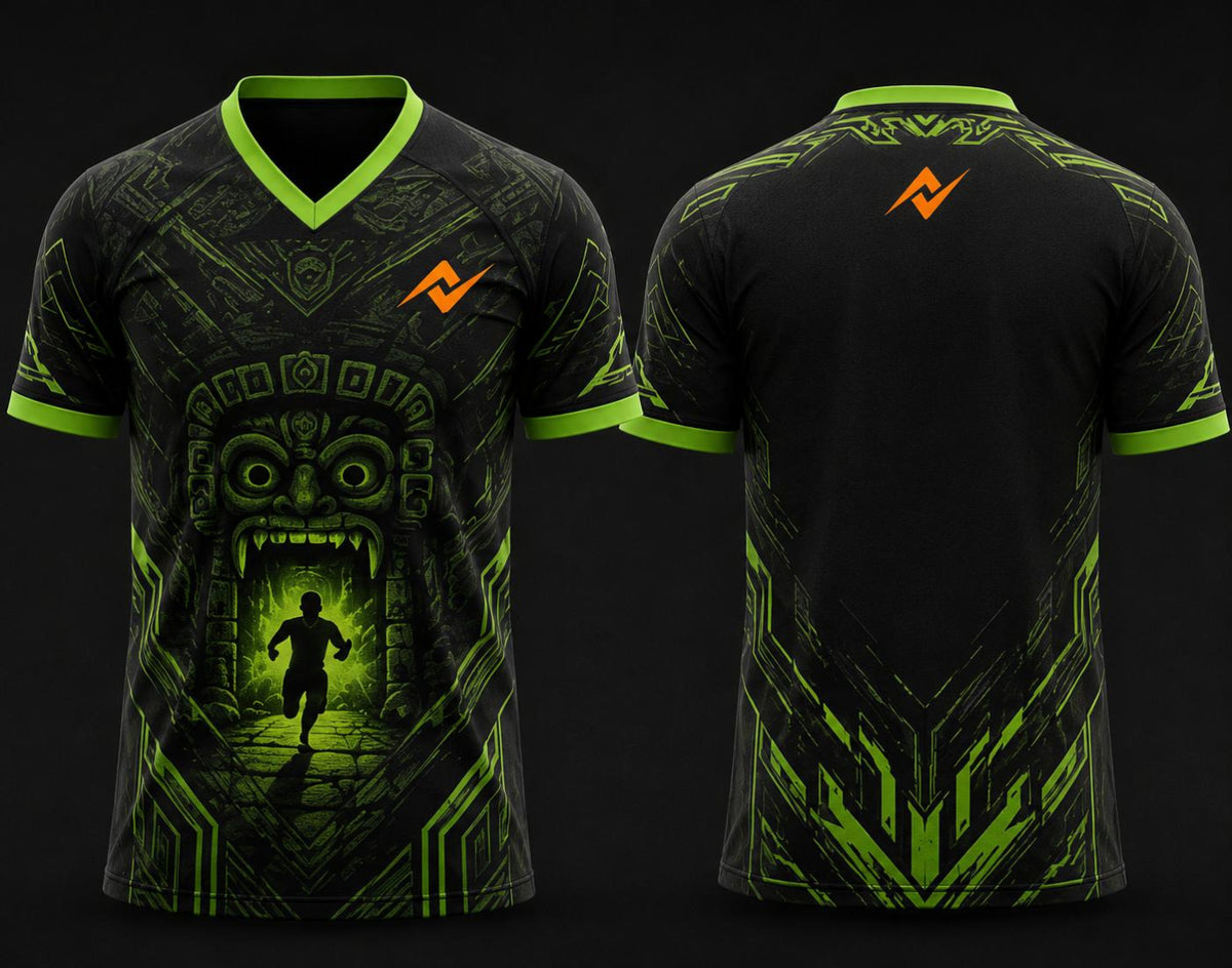 Black and neon green Temple Run esports jersey featuring a V-neck polo collar, temple guardian artwork, and orange logo placement on the chest and back neck.