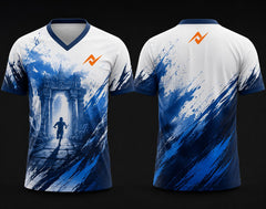 White and blue Temple Run esports jersey with V-neck polo collar featuring temple artwork and custom orange logo on front chest and back neck.