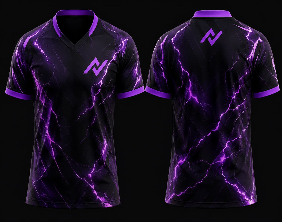 Front and back mockup of a black and purple V-neck esports jersey featuring electric lightning graphics, chest logo, and back neck logo.