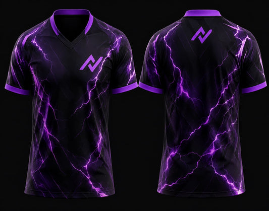 Front and back mockup of a black and purple V-neck esports jersey featuring electric lightning graphics, chest logo, and back neck logo.