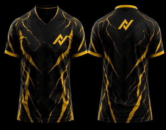 Front and back view of a black esports jersey featuring bold gold lightning graphics with a premium V-neck gaming design.