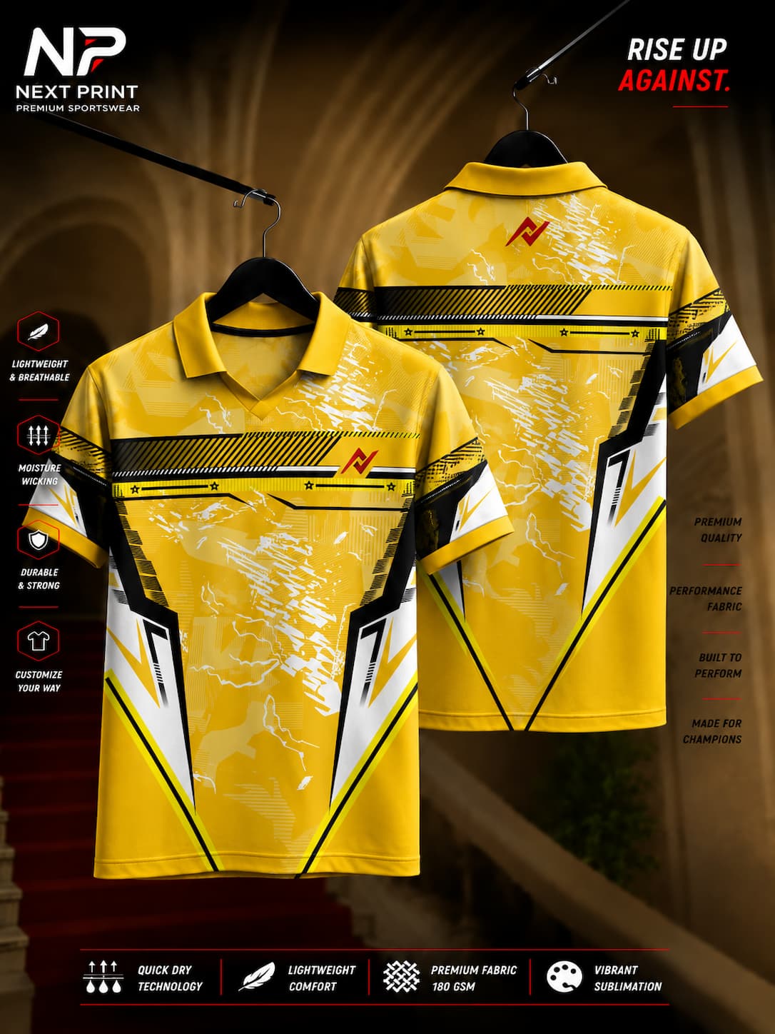 Thunder Strike Yellow Polo Sports Jersey featuring bold geometric black, white, and yellow graphics with front and back views.