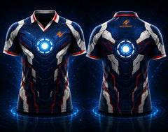 Front and back view of Titan Core blue, silver, and red V-neck esports polo jersey featuring a glowing reactor core design with side chest logo and back neck logo placement.