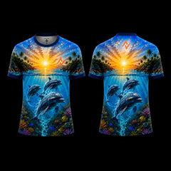 Tropical Dolphin Paradise sublimation round neck sports jersey featuring dolphins, coral reefs, crystal-clear ocean water, and a vibrant tropical sunset with front and back views.