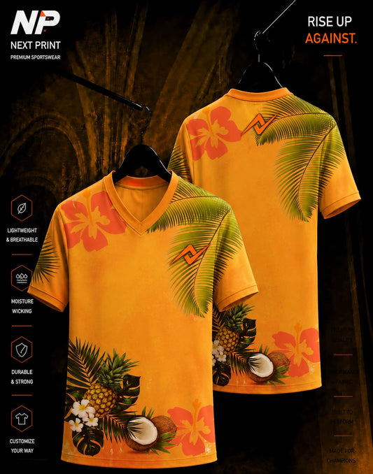 Next Print Tropical Paradise Abstract V-Neck Sports Jersey with palm leaves, hibiscus flowers, pineapple, and coconut premium sublimation design.