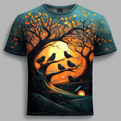 Next Print tshirt featuring birds and a cozy tree scene