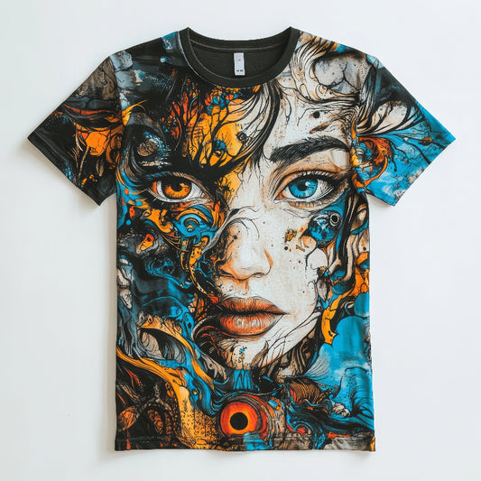 Next Print Tshirt featuring a vibrant artistic face design