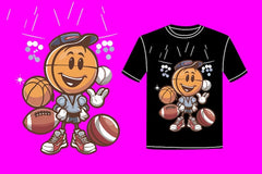 Next Print two cartoon characters are wearing a black shirt with a white logo on it