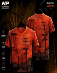 Urban Powerline Sunset red and black sublimation V-neck sports jersey with city street and electric pole design by Next Print