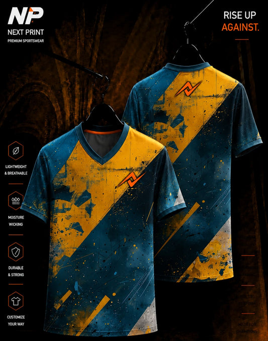 Urban Strike blue and yellow abstract sublimation V-neck sports jersey front and back by Next Print
