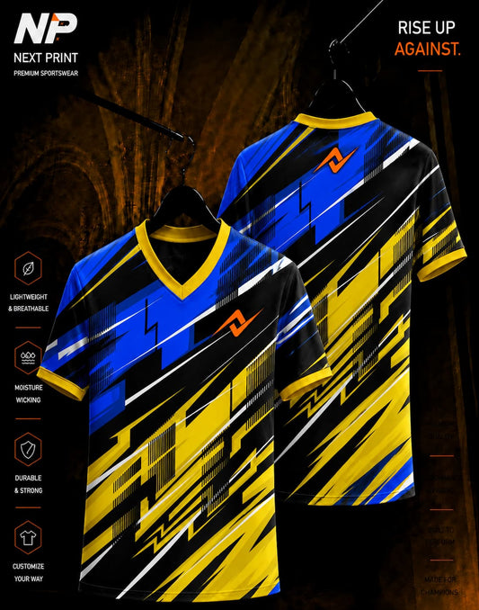 Velocity Strike blue yellow black geometric sublimation V-neck sports jersey front and back by Next Print