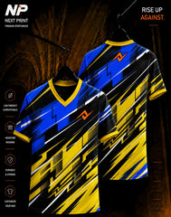 Velocity Strike blue yellow black geometric sublimation V-neck sports jersey front and back by Next Print