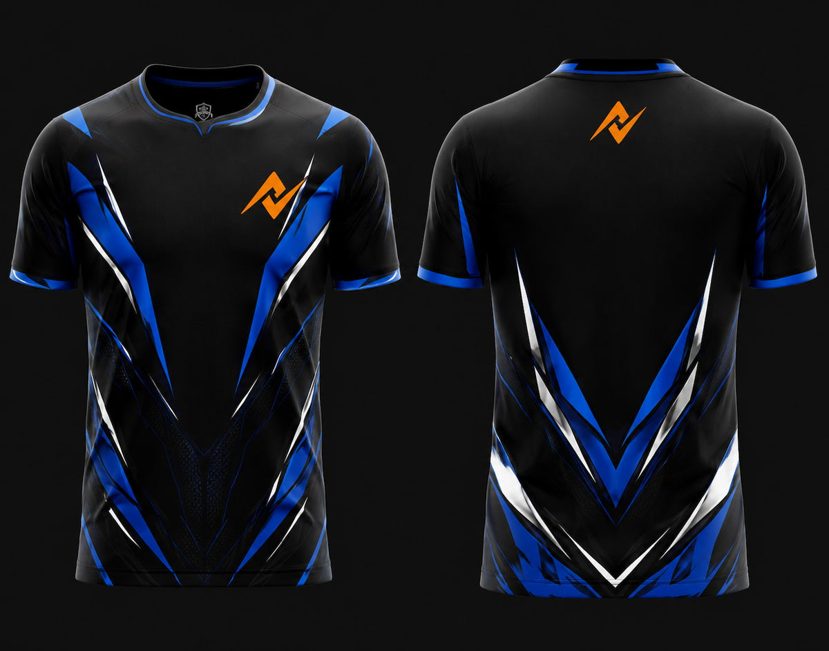 Front and back view of Velocity Strike Free Fire esports jersey featuring black, blue, and white angular graphics with round neck collar and orange logo placement on chest and upper back neck.