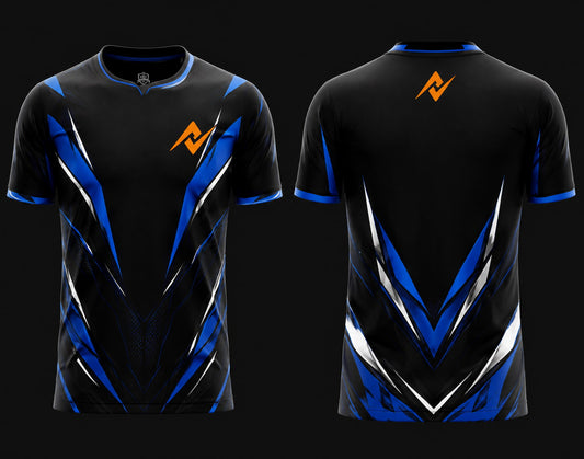 Front and back view of Velocity Strike Free Fire esports jersey featuring black, blue, and white angular graphics with round neck collar and orange logo placement on chest and upper back neck.