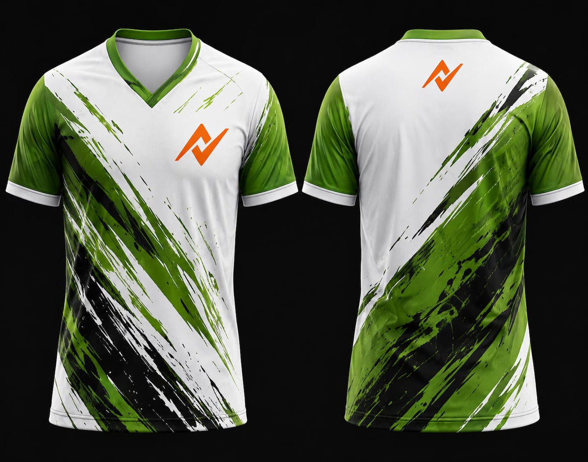 Front and back mockup of a white, green, and black V-neck esports jersey featuring dynamic brush-stroke graphics, orange chest logo, and back neck logo.