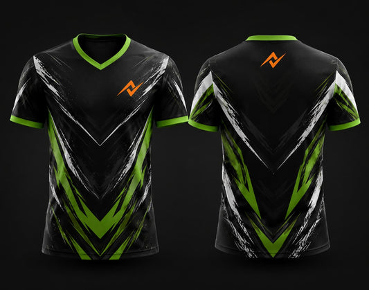 Front and back view of a black, white and neon green V-neck esports jersey featuring bold V-shaped graphics, orange chest logo and matching back neck logo.