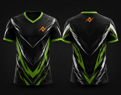 Front and back view of a black, white and neon green V-neck esports jersey featuring bold V-shaped graphics, orange chest logo and matching back neck logo.