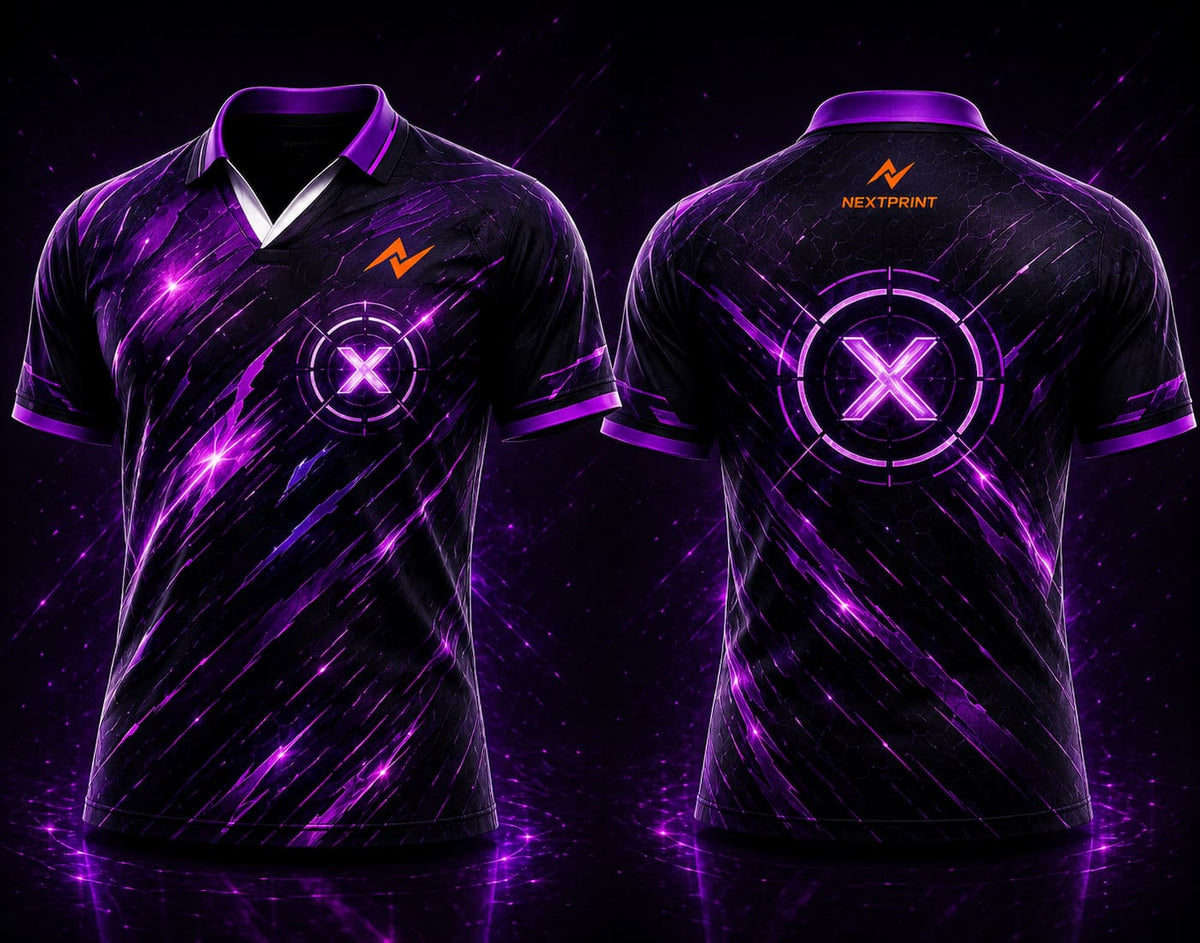 Front and back view of Velocity X black and neon purple V-neck esports polo jersey featuring glowing X Core graphics with side chest logo and back neck logo placement.