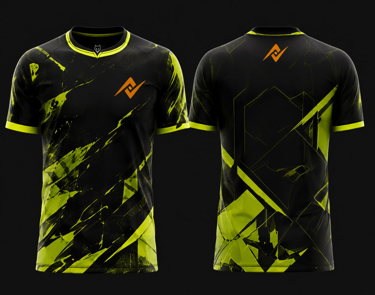 Front and back view of Venom Strike Free Fire esports jersey featuring black and neon green splatter graphics with round neck collar and orange logo placement on chest and upper back neck.