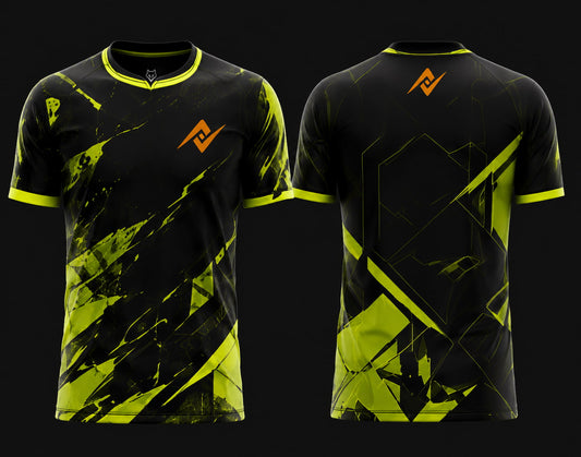 Front and back view of Venom Strike Free Fire esports jersey featuring black and neon green splatter graphics with round neck collar and orange logo placement on chest and upper back neck.