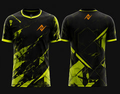 Front and back view of Venom Strike Free Fire esports jersey featuring black and neon green splatter graphics with round neck collar and orange logo placement on chest and upper back neck.