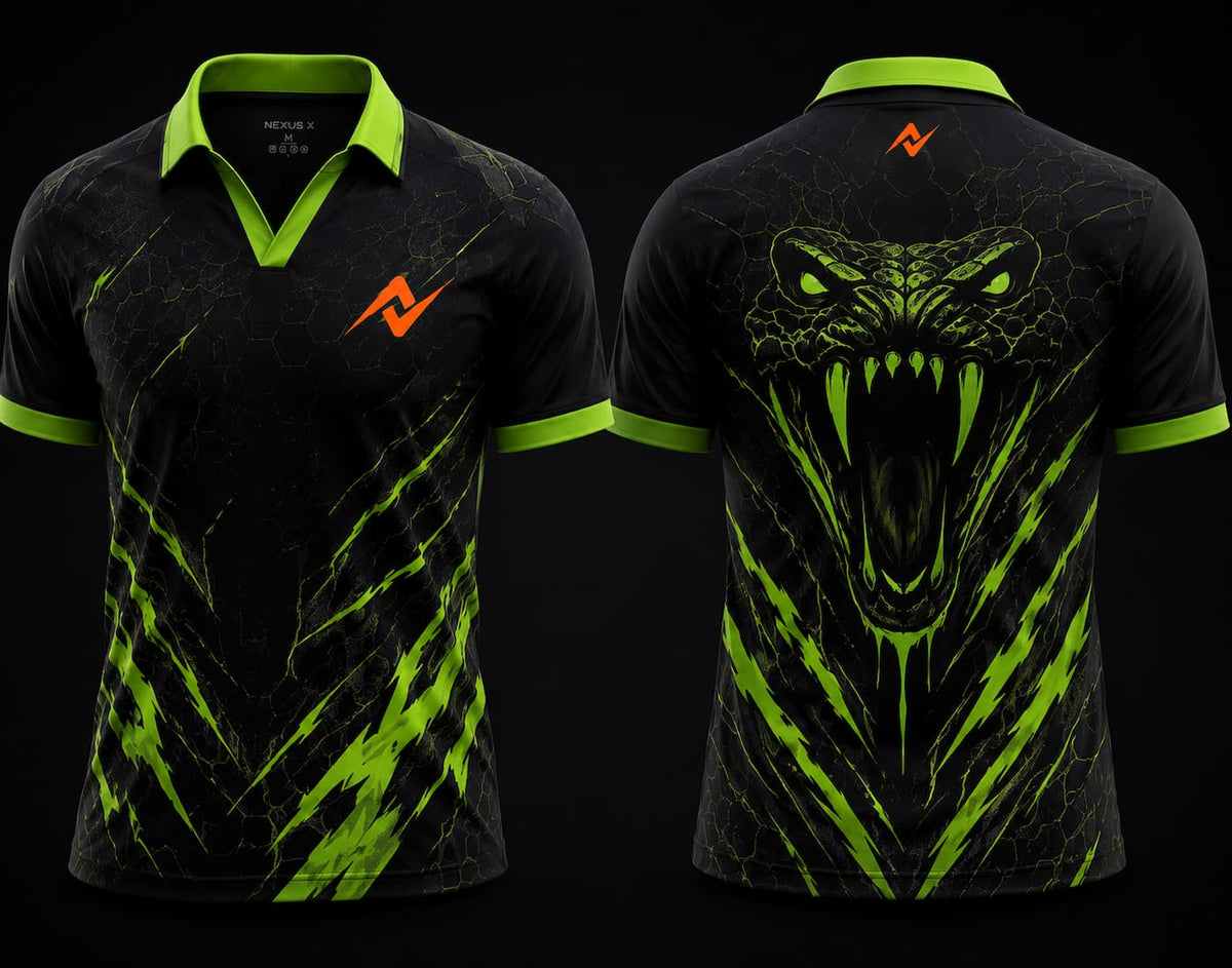 Front and back view of Venom Strike black and neon green V-neck esports polo jersey featuring serpent artwork with side chest logo and back neck logo placement.