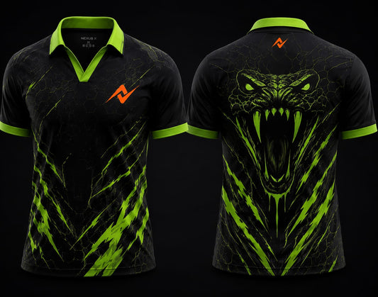 Front and back view of Venom Strike black and neon green V-neck esports polo jersey featuring serpent artwork with side chest logo and back neck logo placement.