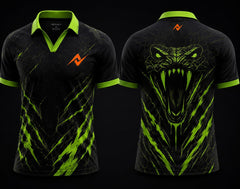 Front and back view of Venom Strike black and neon green V-neck esports polo jersey featuring serpent artwork with side chest logo and back neck logo placement.