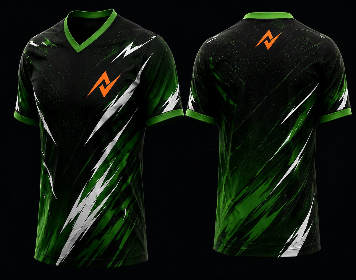 Front and back view of a black and neon green V-neck esports jersey featuring dynamic brushstroke graphics with an orange logo on the chest and upper back.