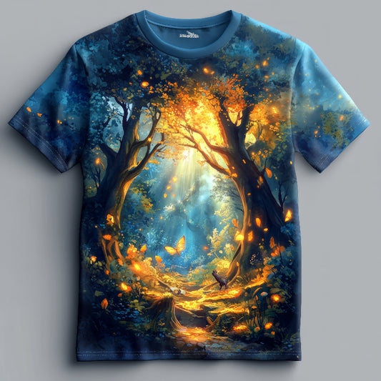 Next Print tshirt featuring glowing trees and butterflies
