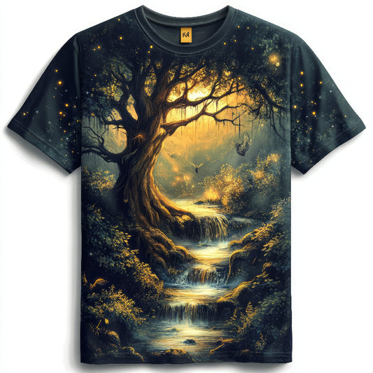 Next Print tshirt featuring a mystical forest scene